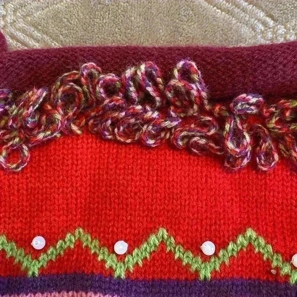 Crochet Christmas Stocking with Breading.  Red with Pink, Purple, Green & White. - Picture 5 of 9